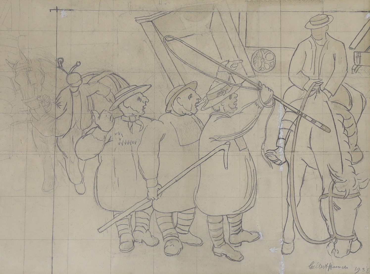 Gilbert French, pencil and wash preparatory sketch, Harvesters and horseman, signed and dated 1938, 31 x 42cm
